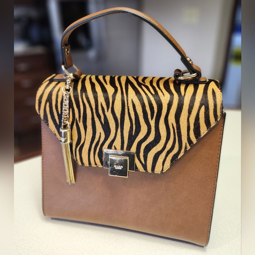 Dune London Genuine Leather & Calf Hair Handbag W Gold Accents, 9"x9"x4.5" - Picture 4 of 10